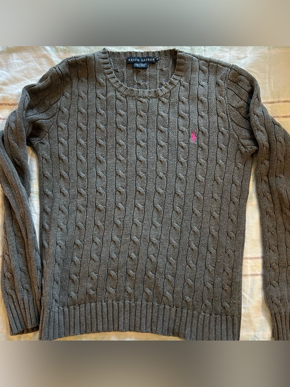 Ralph Lauren Women’s Classic Gray Cable-Knit Crewneck Sweater with Pink Pony M